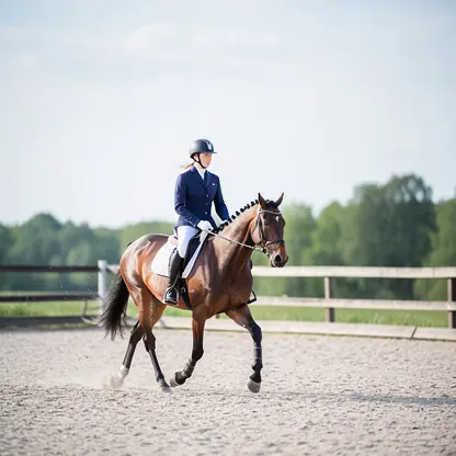 Female rider training her horse in an outdoor arena, focused posture, natural daylight, calm and professional equestrian mood, minimal and elegant composition
