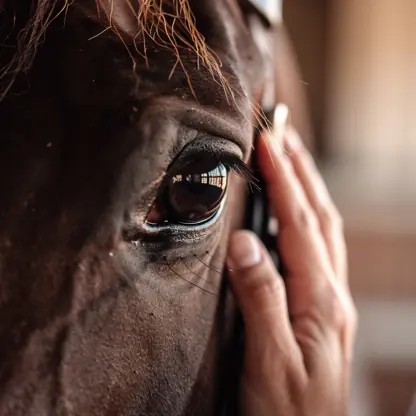 Close-up of a horse eye with a rider gently touching its face, emotional and intimate equestrian moment, soft light, shallow depth of field, authentic lifestyle photography
