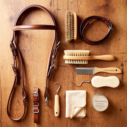Flat lay of equestrian grooming tools and tack on wooden surface, natural light, clean and aesthetic composition, equestrian blog style photography
