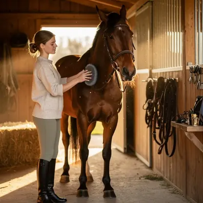 Horse being groomed in a stable, female rider brushing the horse, warm natural light, authentic equestrian atmosphere, soft neutral tones, lifestyle blog photography
