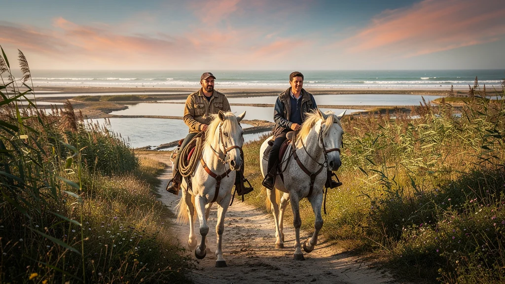 Randonnée équestre de 3 jours entre étangs et mer en Camargue, chevaux et matériel en pleine nature