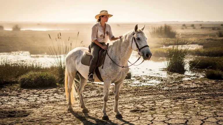 Un cavalier et son cheval épuisés par le soleil intense de Camargue après une longue balade