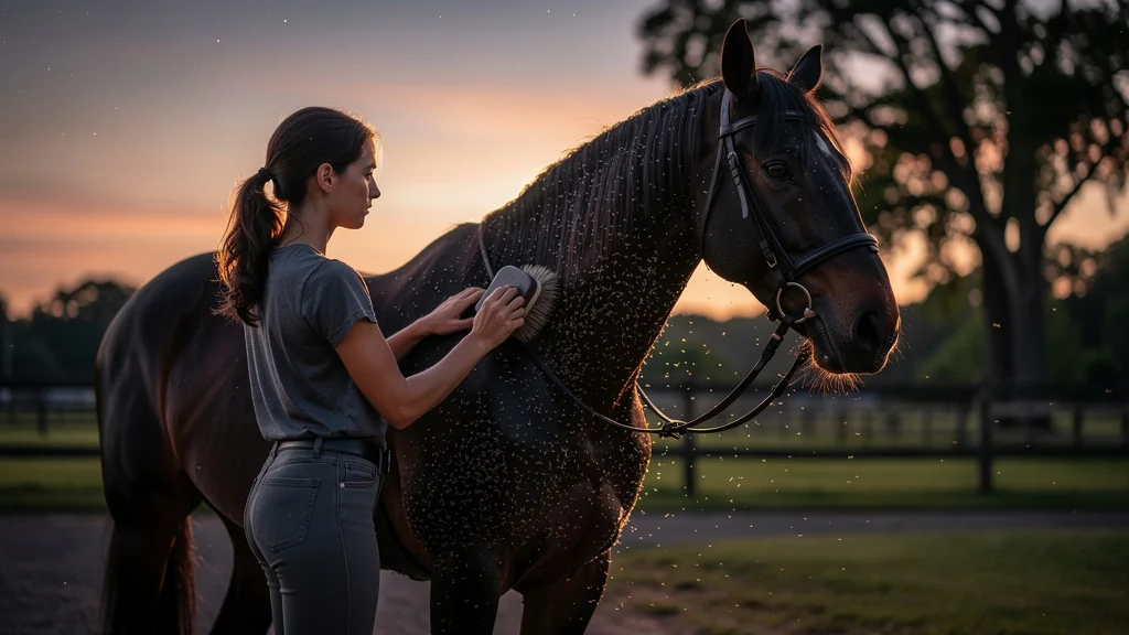 Premier pansage d’un cheval couvert de moustiques après une balade du soir au coucher du soleil