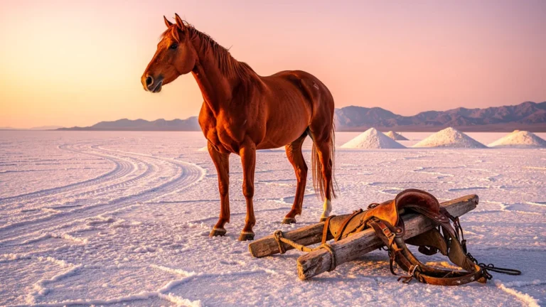 Cheval puissant sur les salins au coucher de soleil illustrant la charge du cheval en milieu salin