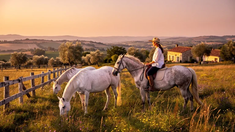 Paysage réaliste d’une manade ouverte au public avec chevaux Camargue en liberté au coucher du soleil
