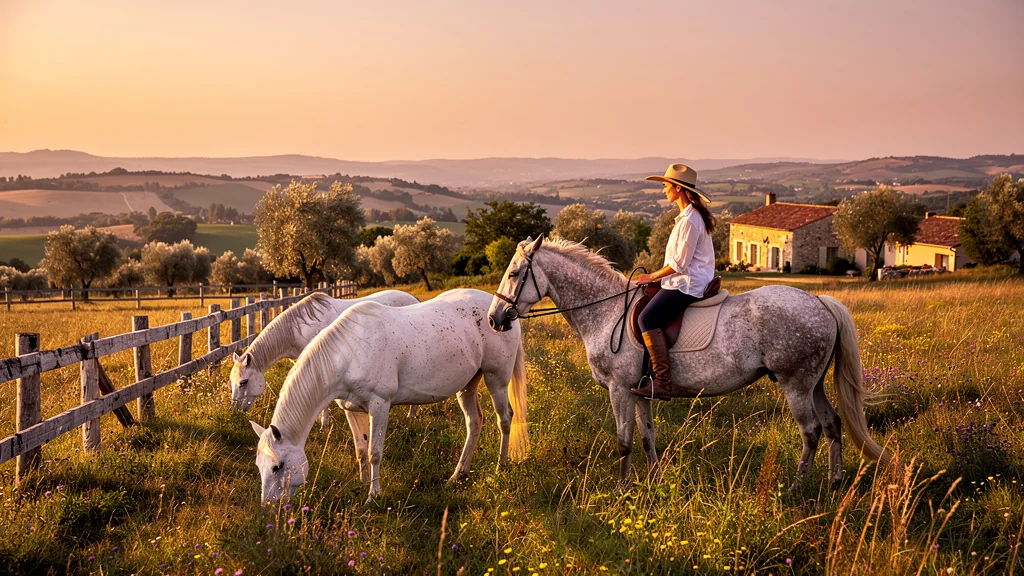 Paysage réaliste d’une manade ouverte au public avec chevaux Camargue en liberté au coucher du soleil