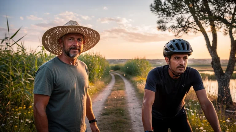 Comparaison photoréaliste chapeau camarguais et casque classique en balade à vélo en Camargue