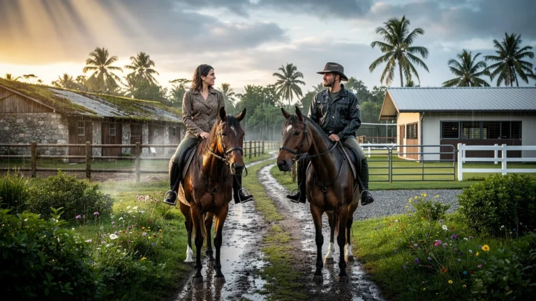 Comparaison photo réaliste de deux centres équestres à Sainte-Marie après pluie pour balade à cheval