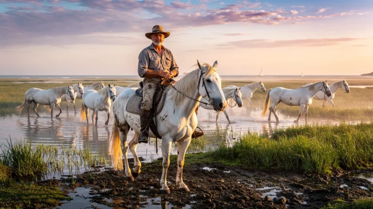 Gardian et cheval Camargue au travail, lien authentique entre cavalier et cheval dans la nature