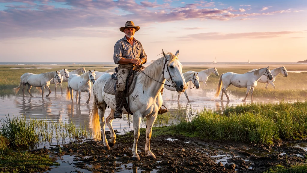 Gardian et cheval Camargue au travail, lien authentique entre cavalier et cheval dans la nature