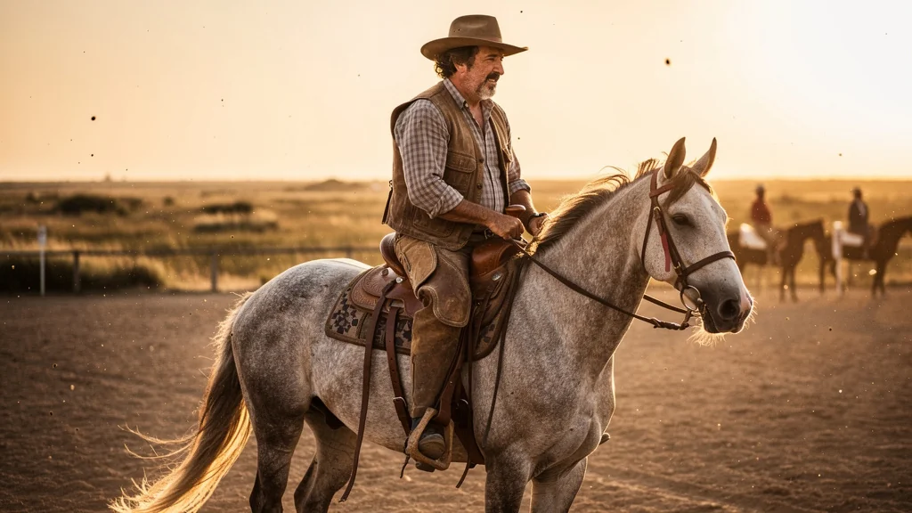 Rider on Camargue horse with worn saddle gardian stirrups during 4-day monte camarguaise stage