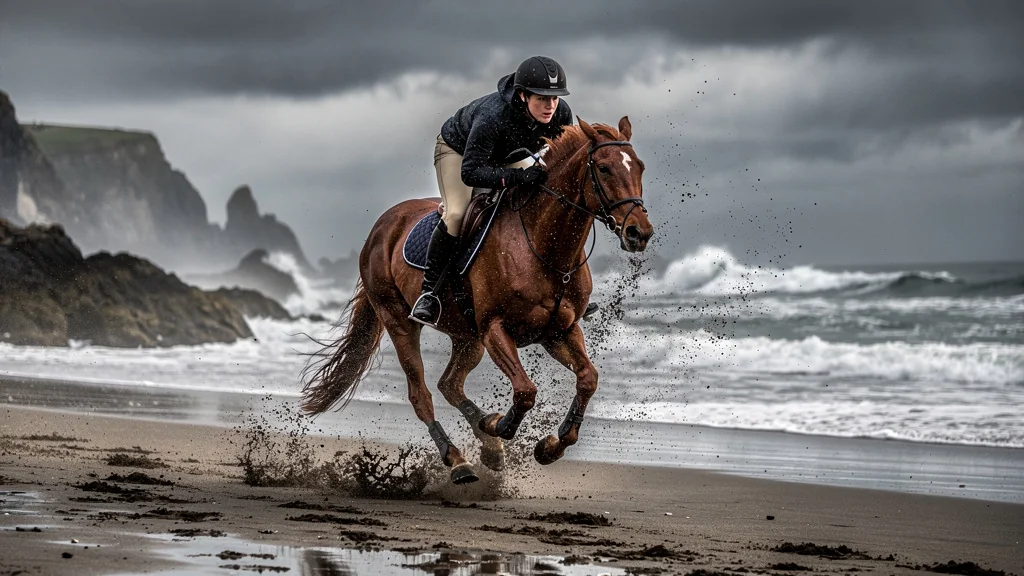 Rider galloping on wet sand beach, risking accident by unknown terrain, tense and dramatic scene