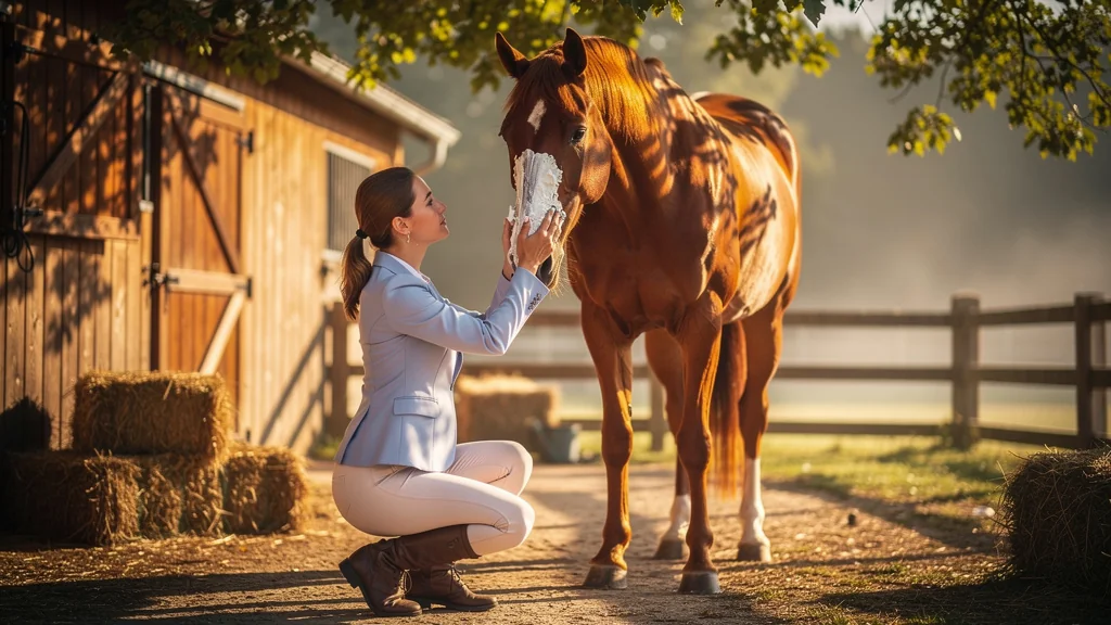Femme appliquant crème solaire sur le museau d’un cheval au matin, peau sensible protégée