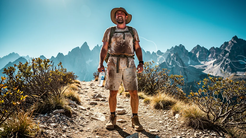 Hiker suffering in intense August heat on a dry mountain trail, illustrating hiking in summer is a bad idea