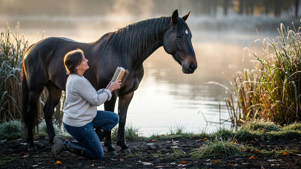 Pansage quotidien d’un cheval rentrant des étangs, humide ou presque sec, soin et connexion