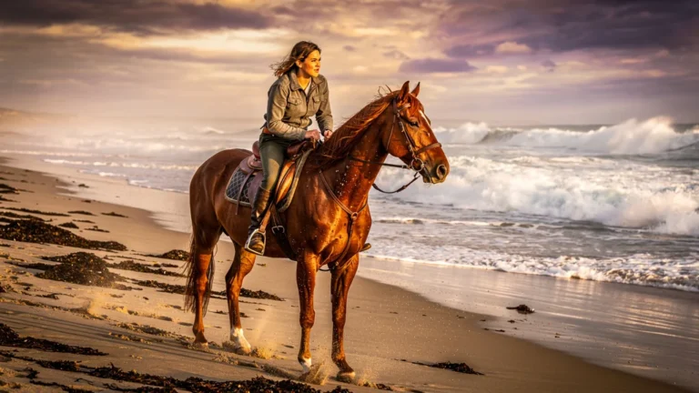 Jeune femme à cheval piégée sur la plage par la montée rapide des marées non repérées