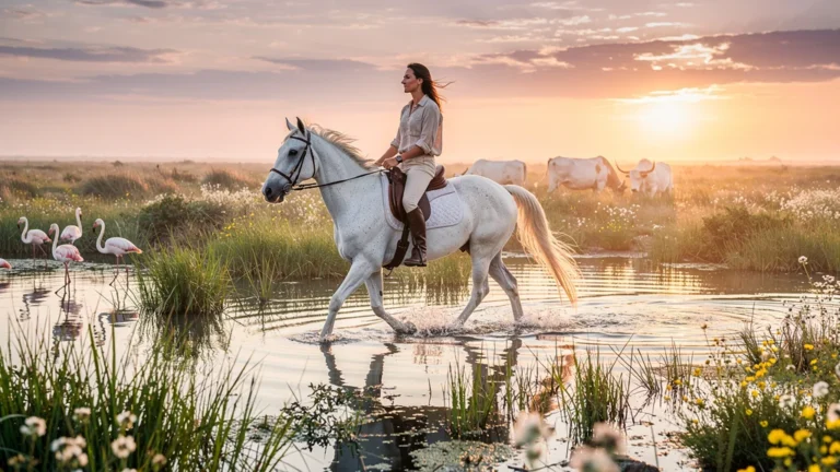 Balade à cheval authentique en Camargue avec cheval blanc et paysage naturel au coucher du soleil