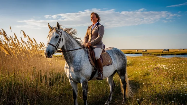 Cavalier reprenant l’équitation sur un cheval Camargue dans les marais ensoleillés de Camargue