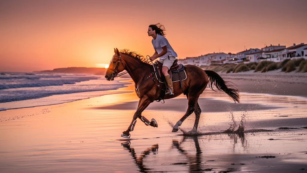 Galop sur la plage des Saintes-Maries au coucher de soleil, moment de liberté et découverte des fers