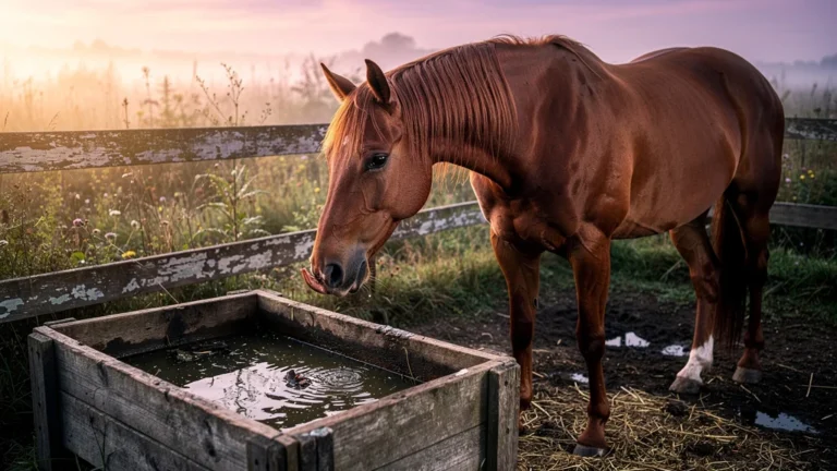 Cheval refusant l’eau saumâtre dans une auge, symbole de négligence d’abreuvage et sensibilité animale