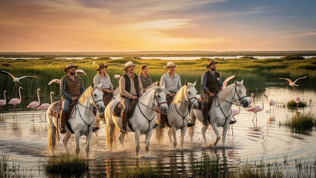 Randonneurs à cheval en Camargue durant une randonnée équestre de 2 jours au coucher du soleil