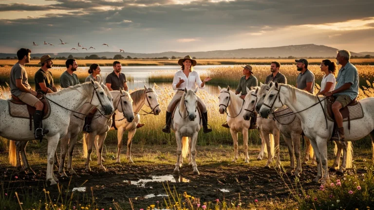 Stage d’initiation à l’équitation camarguaise en plein air avec chevaux blancs et instructrice passionnée au coucher du soleil