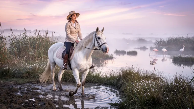 Première balade à cheval dans les marais de Camargue un matin d’avril au lever du soleil
