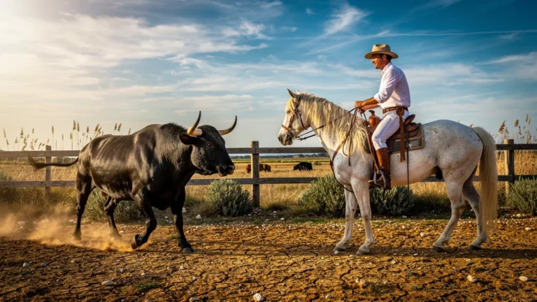 Rencontre intense entre un taureau et un cavalier en Camargue, moment décisif d’équitation traditionnelle