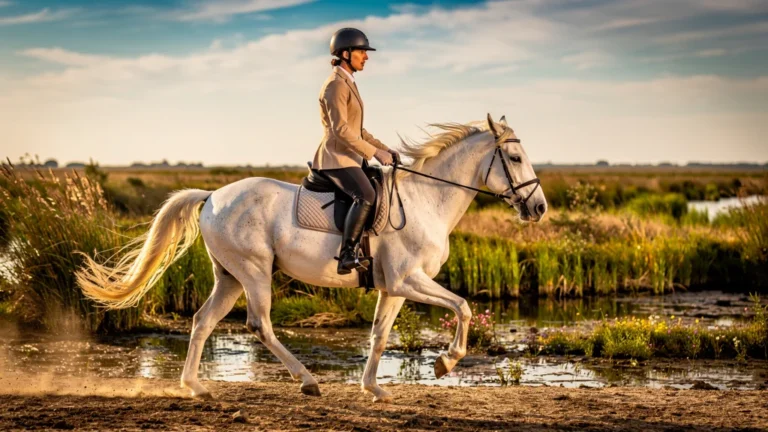 Rider measuring progress at trot enlevé on a white Camargue horse in natural Camargue landscape