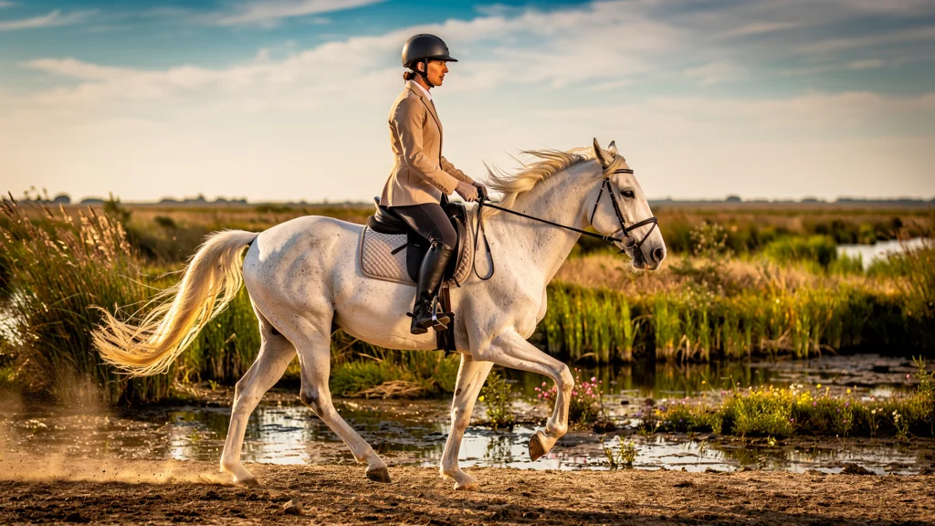 Rider measuring progress at trot enlevé on a white Camargue horse in natural Camargue landscape