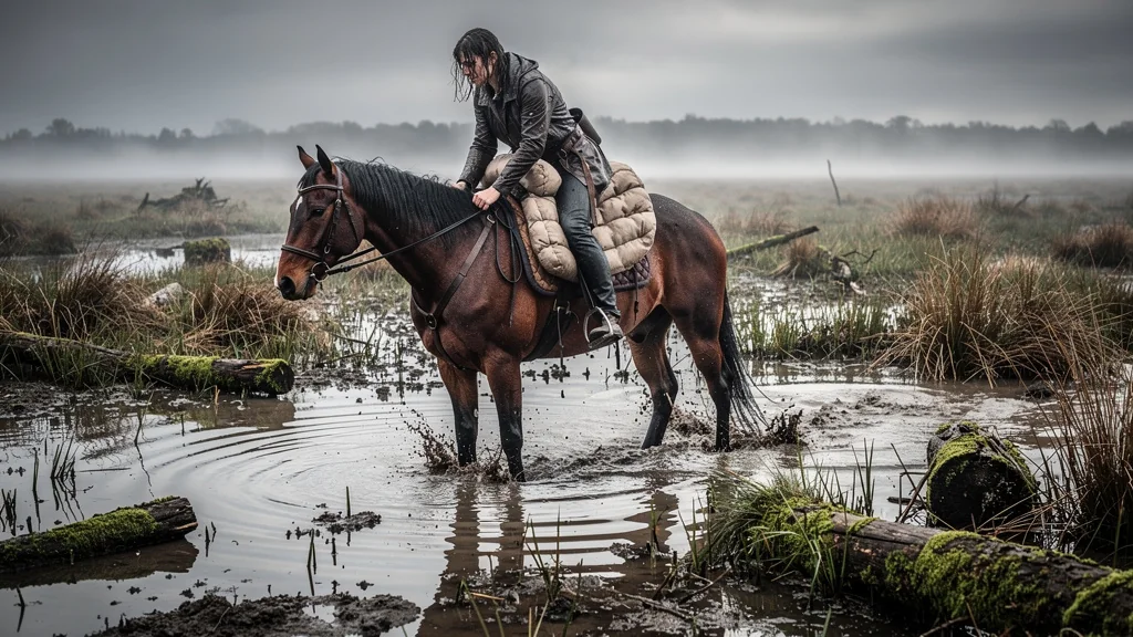 Rider struggling in marsh with overly padded saddle, illustrating bad choice for marsh terrain