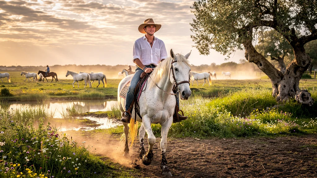 Séjour d'une semaine en manade en mai avec gardians et chevaux camarguais en immersion authentique