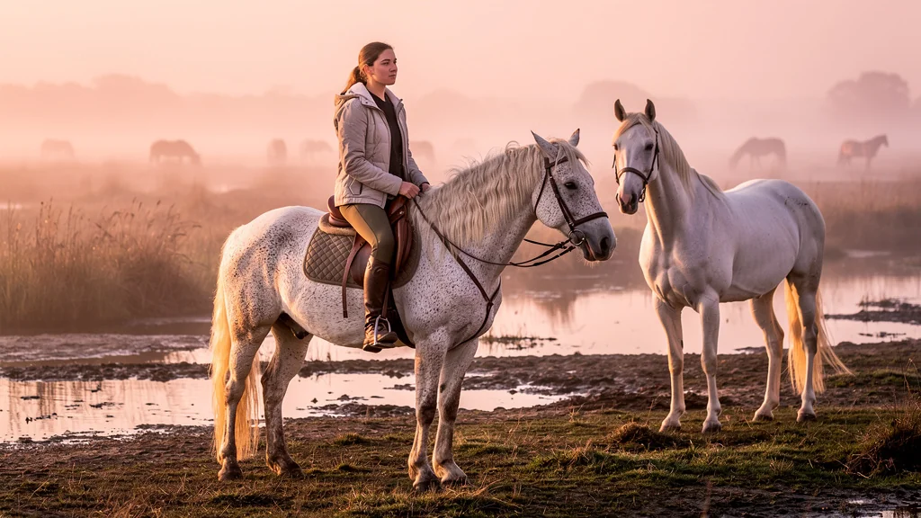 Rider mounts a Camargue horse for the first time, feeling the difference with a Selle Français horse