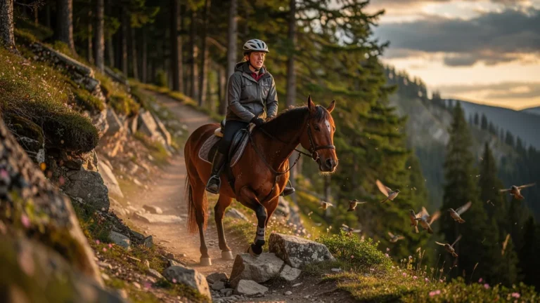 Randonneuse surprise par le niveau du cheval sur un sentier montagneux difficile, illustration hyper-réaliste
