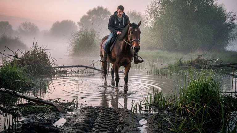 Personne à cheval dans un marais sans bottes hautes, chaussures basses mouillées et boueuses