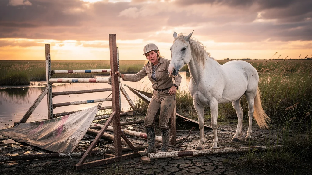 Cauchemar matériel d’obstacle en Camargue : équipement abandonné dans marais au coucher du soleil
