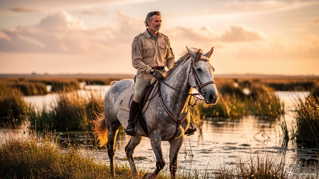 Rider walking calmly on a Camargue horse, capturing warmth and connection during a peaceful horseback ride