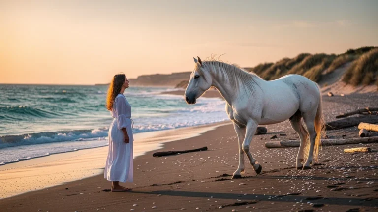 Un cheval Camargue blanc libre sur la plage de Sainte-Marie au lever du soleil sans licol