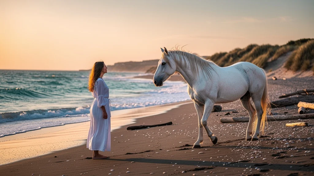 Un cheval Camargue blanc libre sur la plage de Sainte-Marie au lever du soleil sans licol