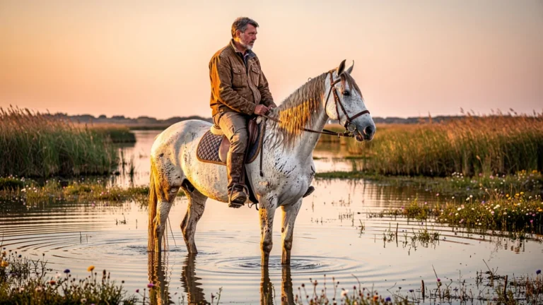 Cheval de Camargue blanc immobile dans les marais, enseignant la patience au cavalier pendant vingt minutes