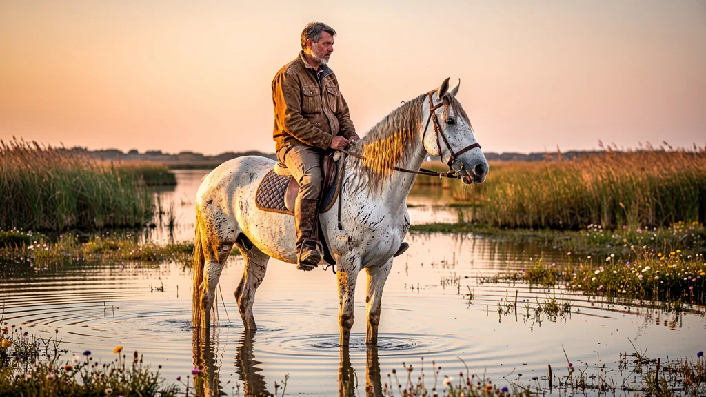 Cheval de Camargue blanc immobile dans les marais, enseignant la patience au cavalier pendant vingt minutes