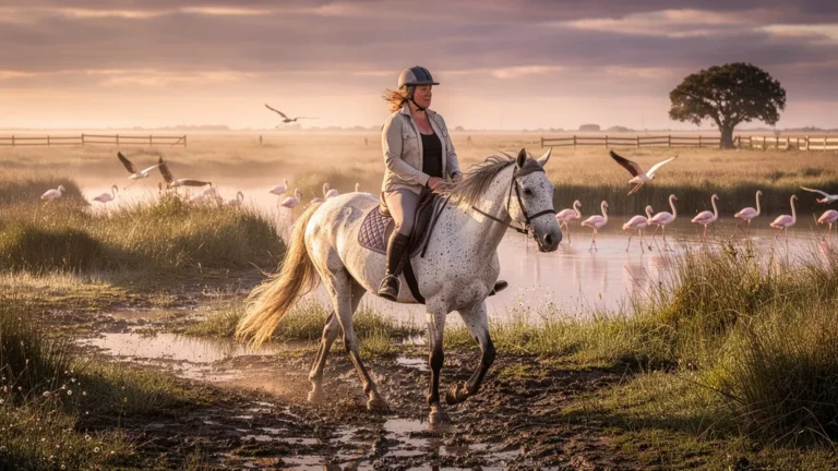 Rider on horseback in Camargue plains, reflecting on 7-day versus 3-day horse trip rentability
