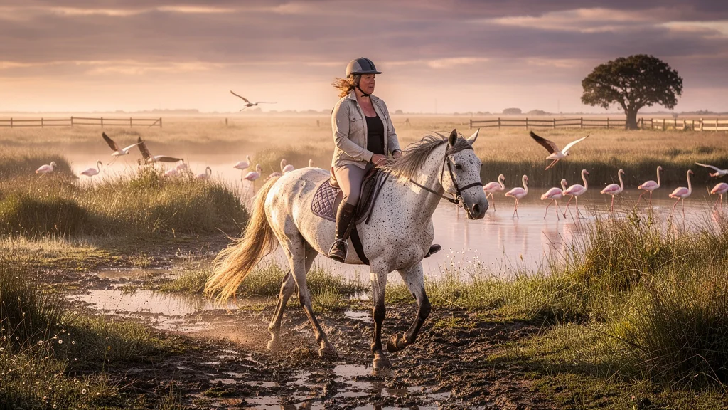 Rider on horseback in Camargue plains, reflecting on 7-day versus 3-day horse trip rentability