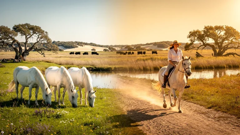 Séjour équestre en Camargue entre mai et septembre avec chevaux blancs dans paysage naturel