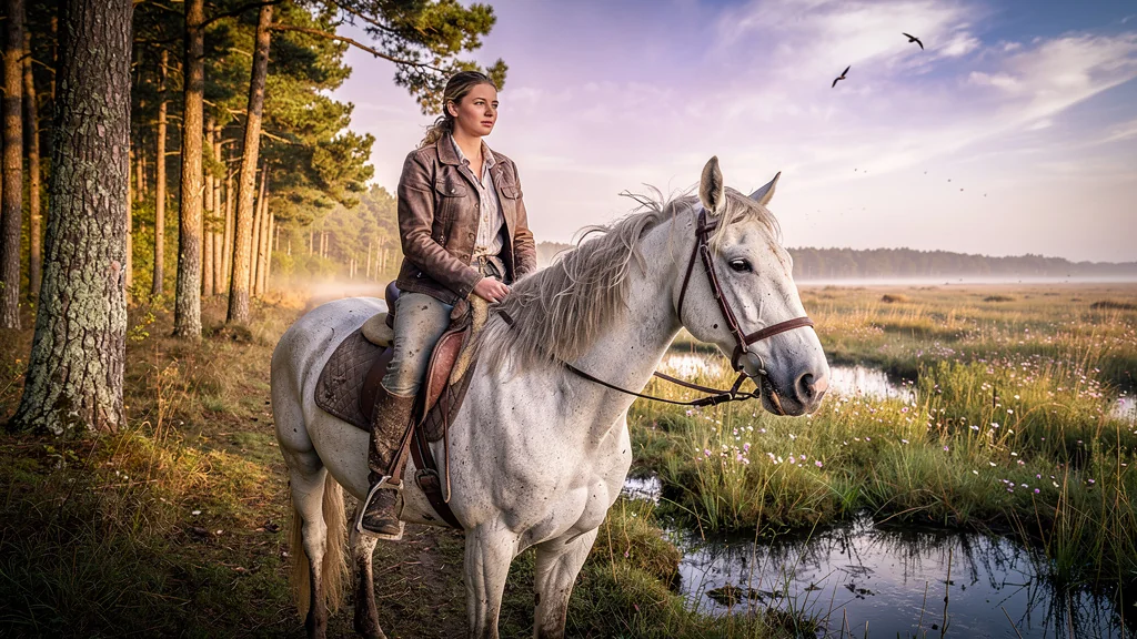 Randonneur avec cheval camarguais blanc traversant divers terrains naturels durant une semaine