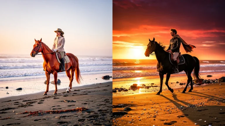 Balade à cheval sur la plage au coucher du soleil et le matin tôt, comparaison immersive réaliste