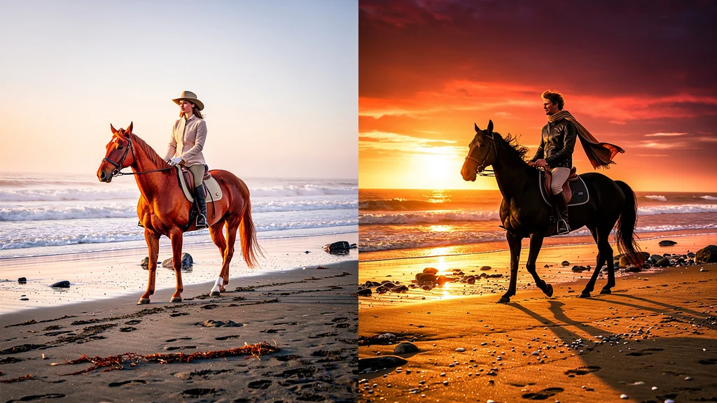 Balade à cheval sur la plage au coucher du soleil et le matin tôt, comparaison immersive réaliste