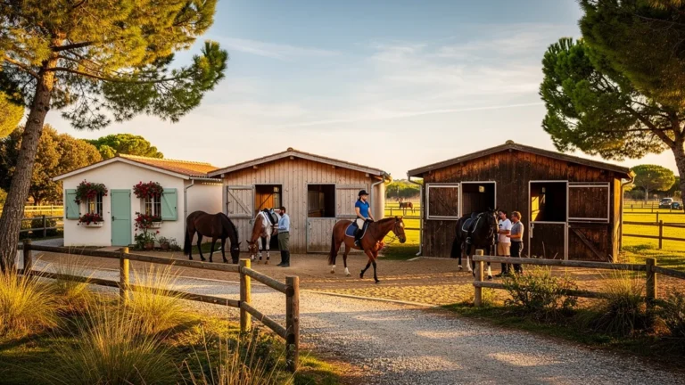 Vue réaliste des trois pensions équestres testées aux Saintes-Maries avec chevaux et stalles en plein jour