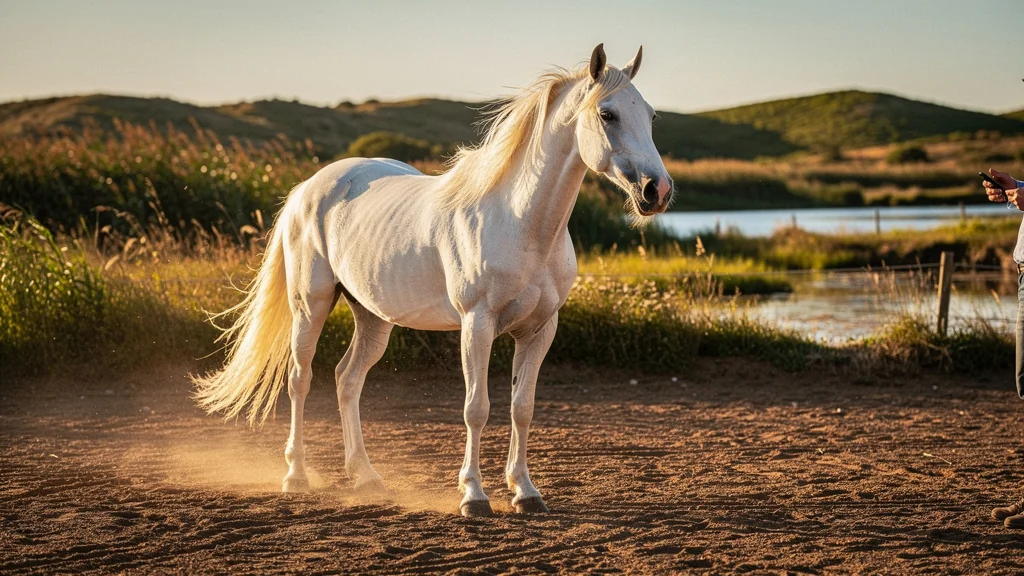 Cheval Camargue bien dressé au travail à pied réagissant mieux en extérieur dans un paysage naturel