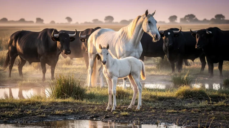 Matinée en Camargue avec un poulain protégé par une jument au milieu des taureaux sauvages